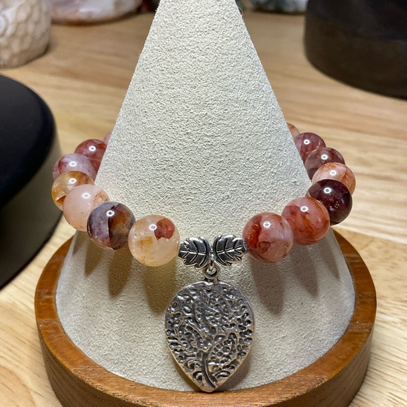 Natural Red Hematoid "Fire" Quartz 10mm with Silver Spacers and Leaf Cha… - Picture 4 of 7